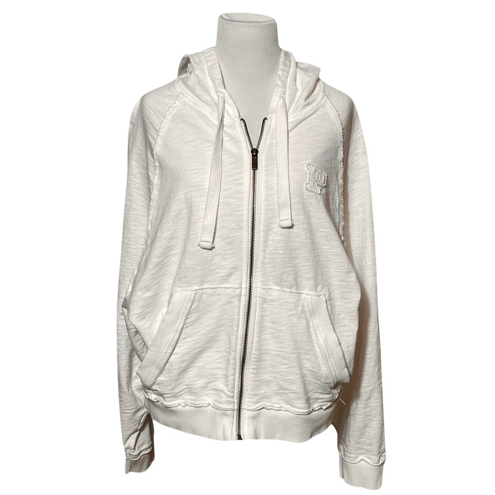 PINK Victoria's Secret White Slub Cotton Full Zip Hoodie Sweatshirt Large